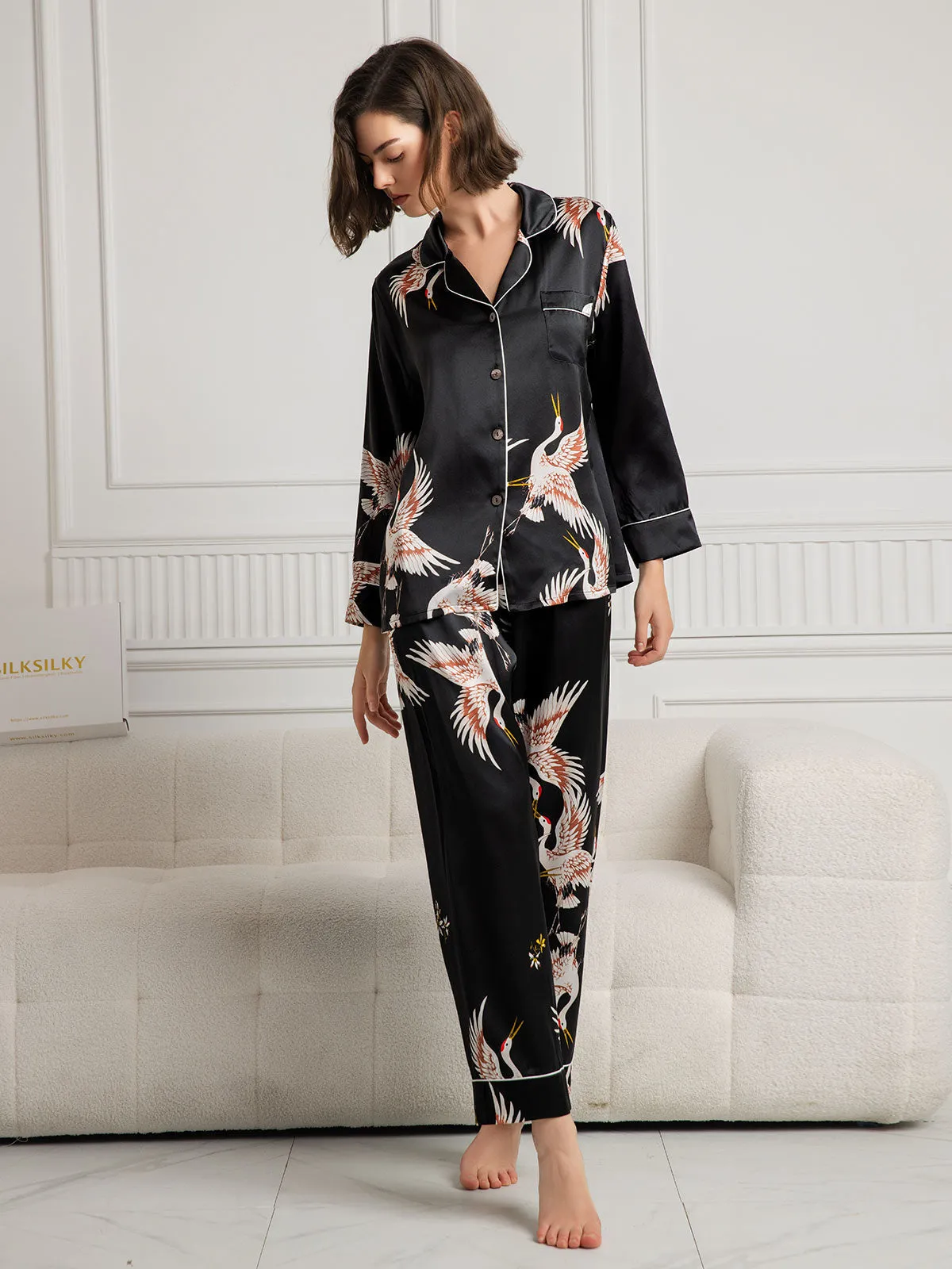 19Momme Dames 100% Moerbeizijde Kranenprint Volledige Lengte Pyjama Set