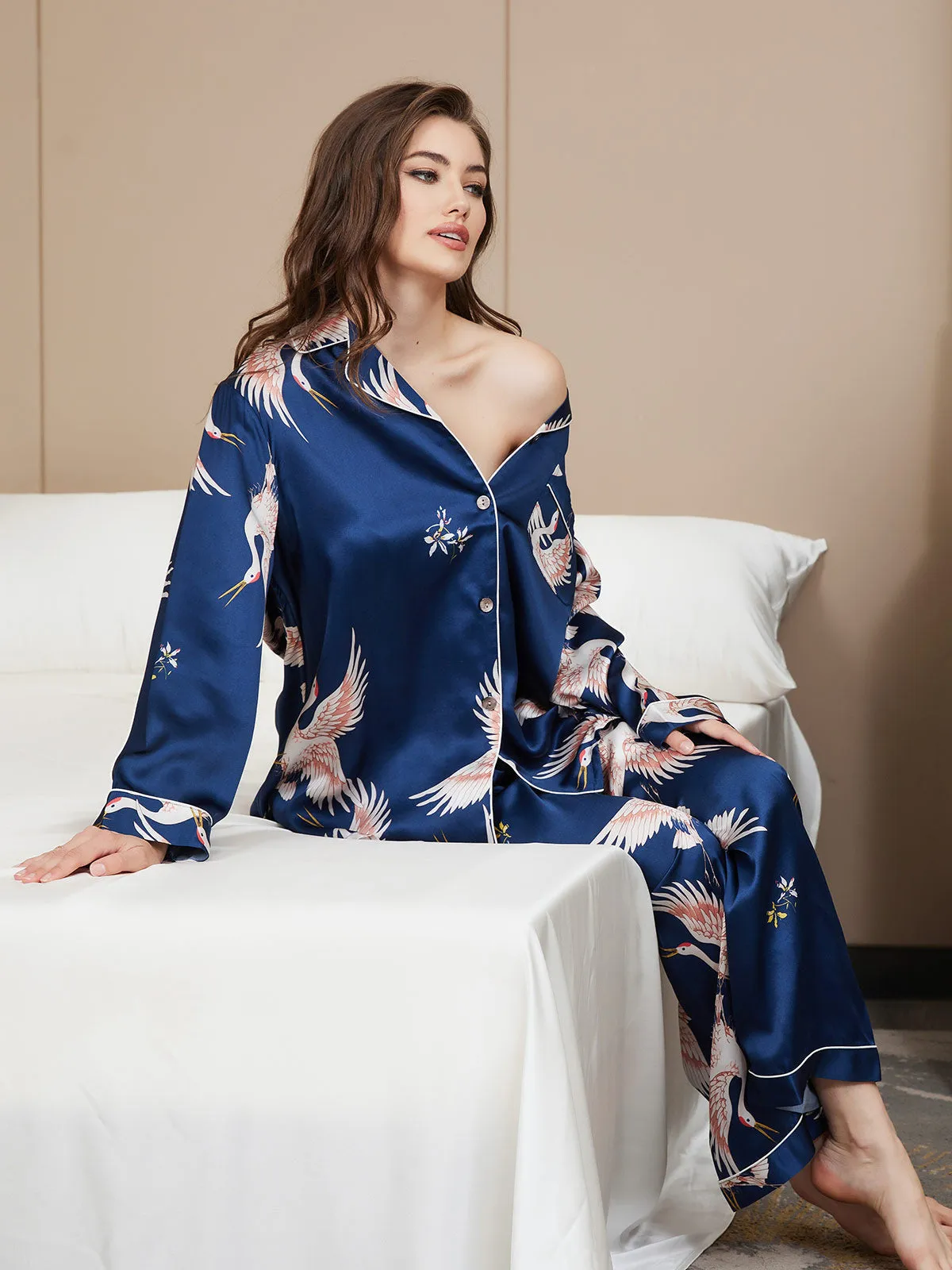 19Momme Dames 100% Moerbeizijde Kranenprint Volledige Lengte Pyjama Set