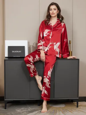 19Momme Dames 100% Moerbeizijde Kranenprint Volledige Lengte Pyjama Set