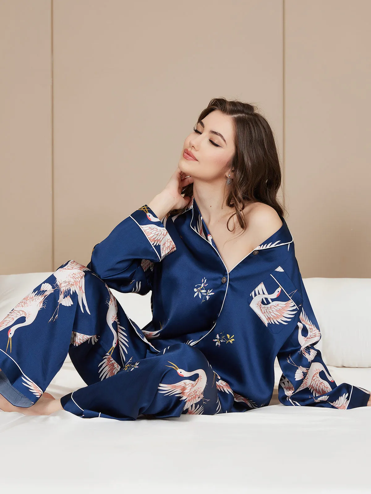 19Momme Dames 100% Moerbeizijde Kranenprint Volledige Lengte Pyjama Set