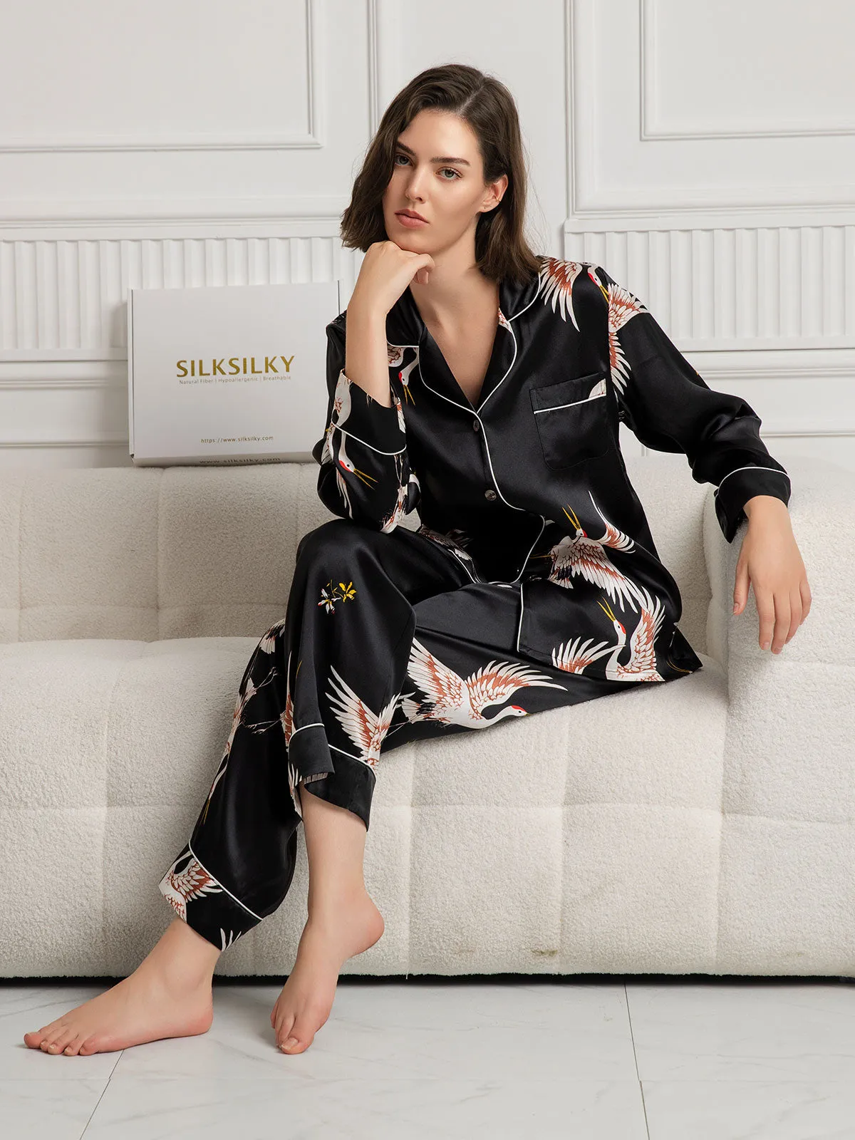 19Momme Dames 100% Moerbeizijde Kranenprint Volledige Lengte Pyjama Set