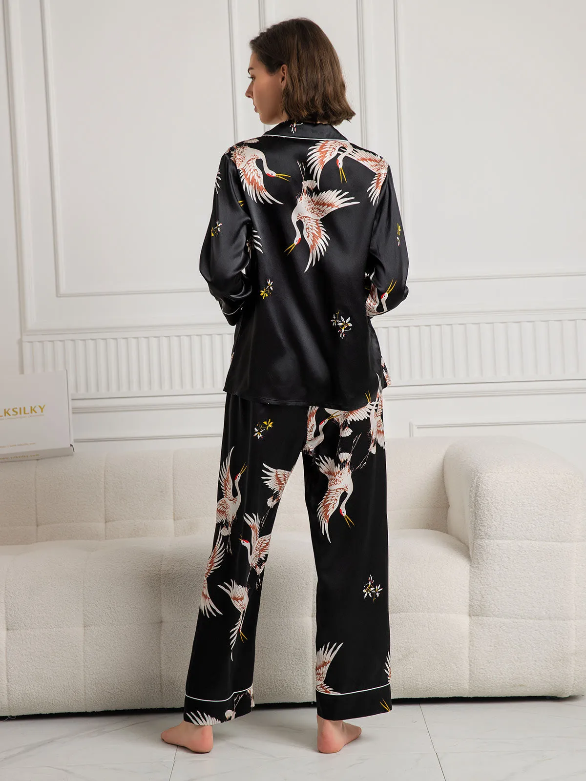 19Momme Dames 100% Moerbeizijde Kranenprint Volledige Lengte Pyjama Set