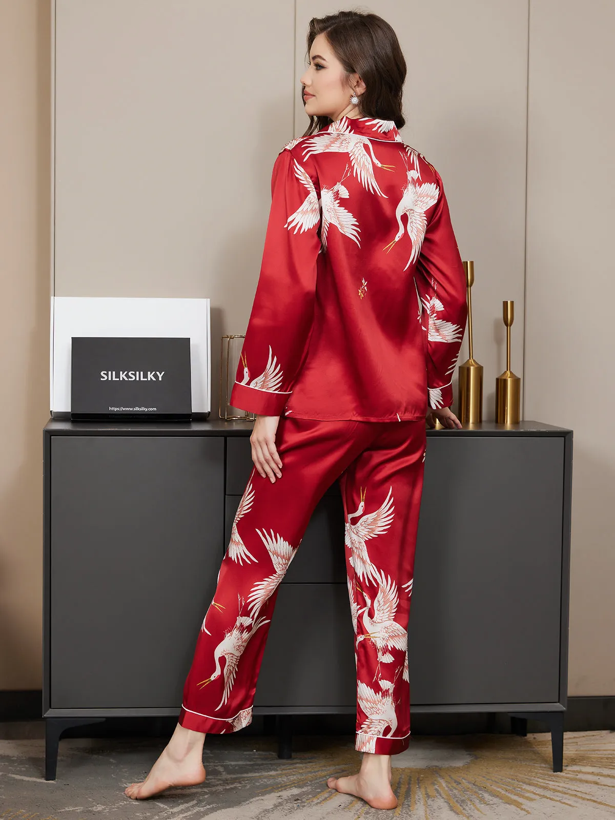 19Momme Dames 100% Moerbeizijde Kranenprint Volledige Lengte Pyjama Set