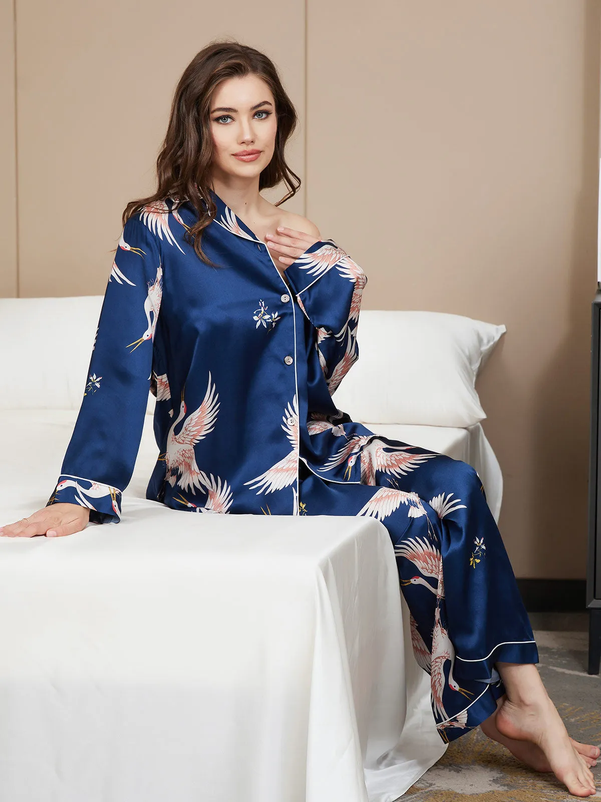 19Momme Dames 100% Moerbeizijde Kranenprint Volledige Lengte Pyjama Set