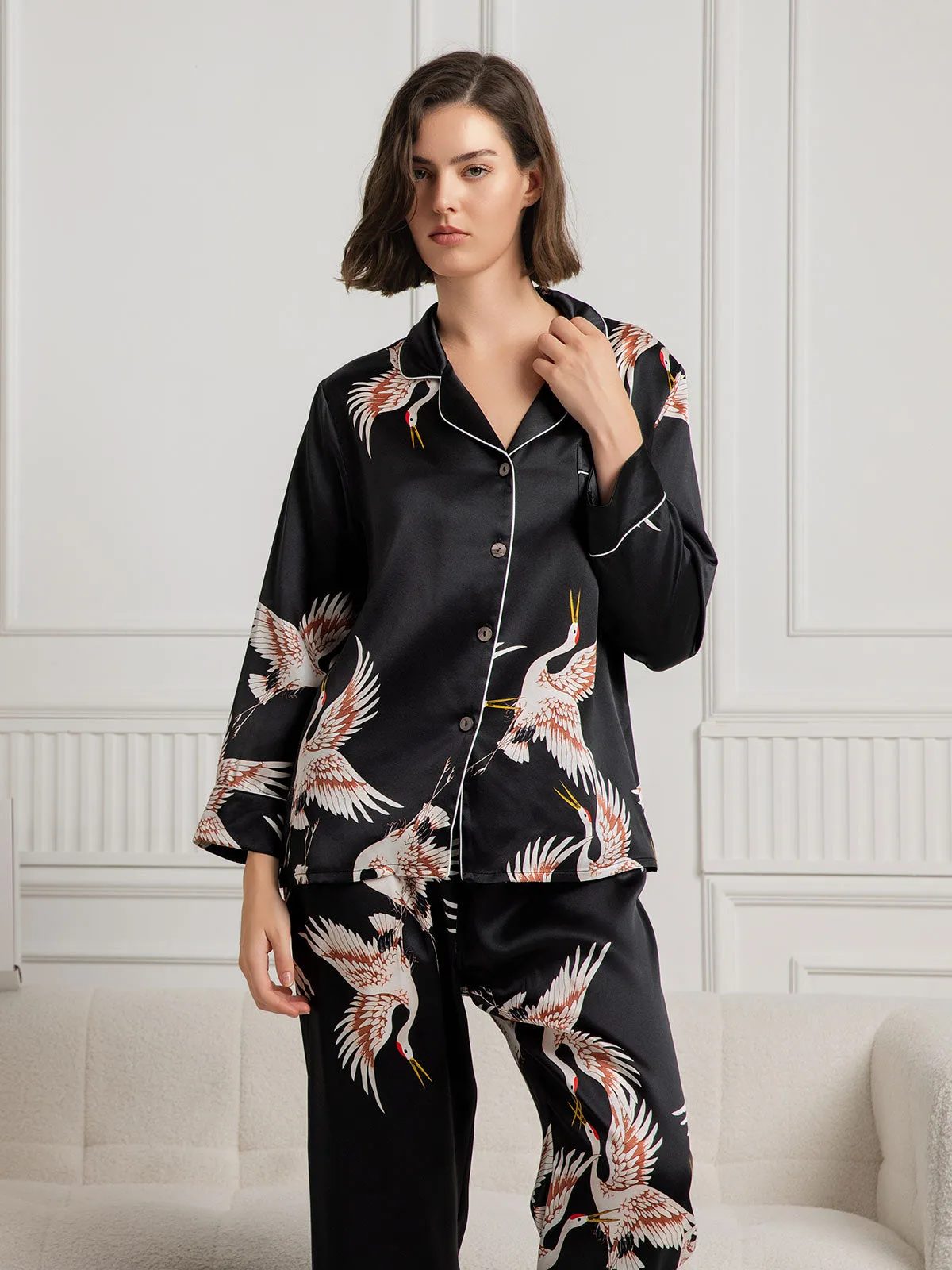 19Momme Dames 100% Moerbeizijde Kranenprint Volledige Lengte Pyjama Set