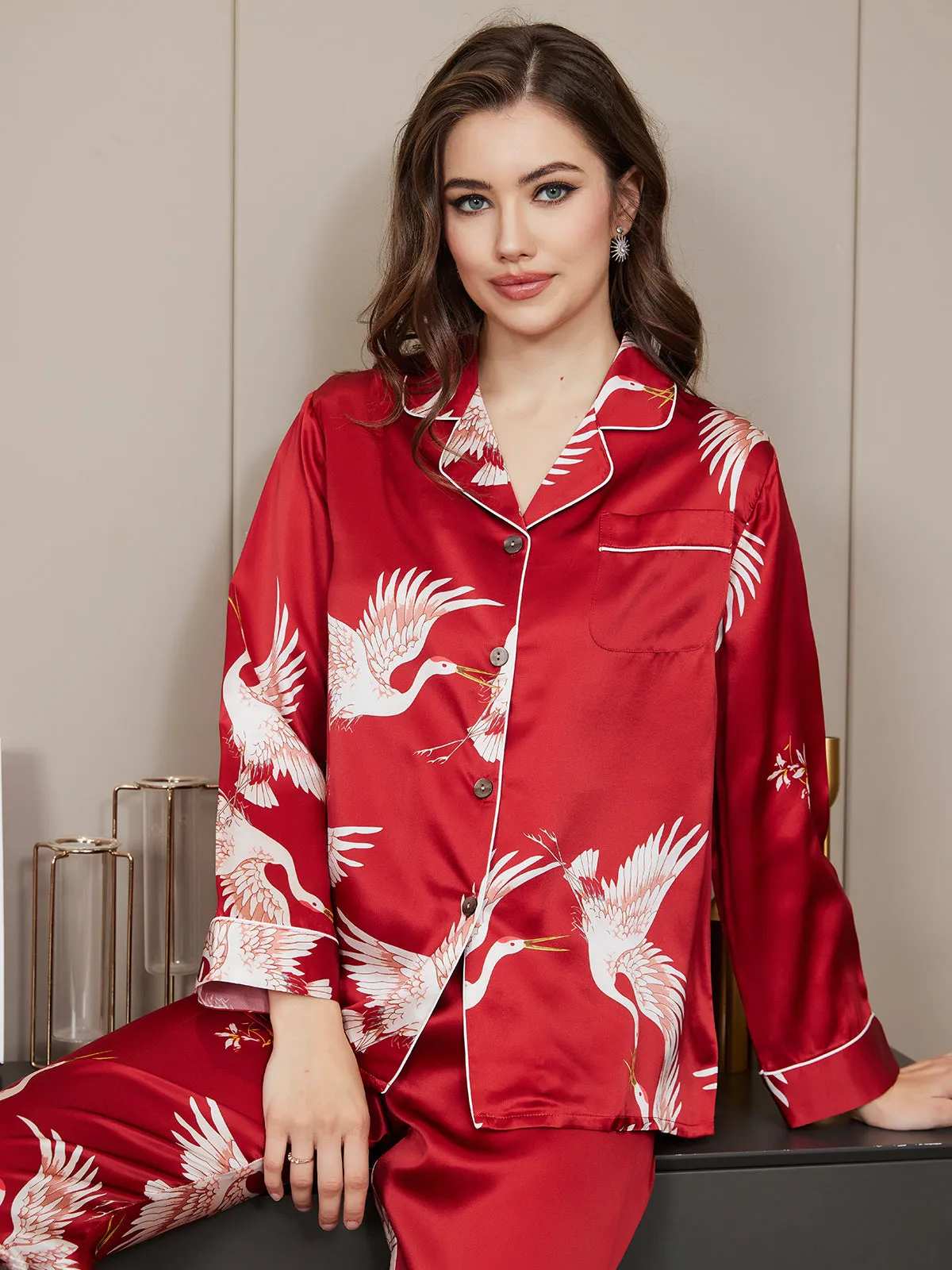 19Momme Dames 100% Moerbeizijde Kranenprint Volledige Lengte Pyjama Set