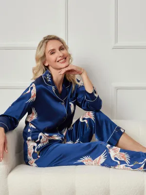 19Momme Pyjamaset Dames Lange Mouwen Van Zuivere Zijde Met Bedrukte Afwerking