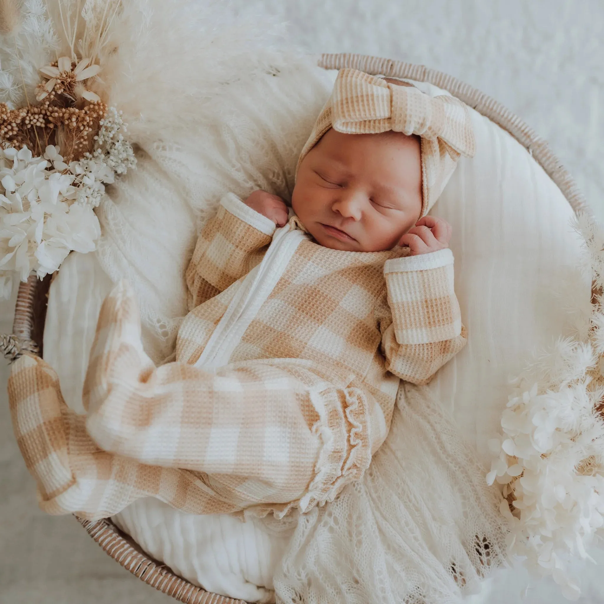 3 Little Crowns - My First Outfit | Waffle Flutter Bum Onesie & Topknot Set | Gingham