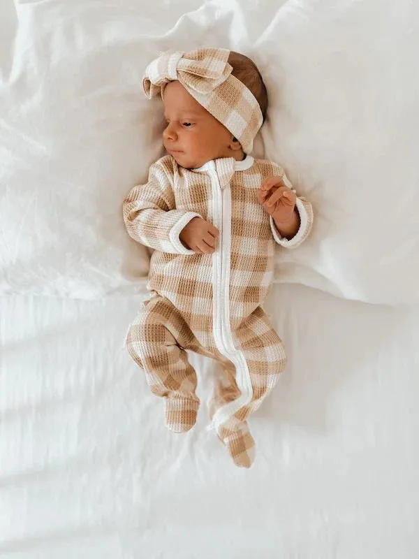 3 Little Crowns - My First Outfit | Waffle Flutter Bum Onesie & Topknot Set | Gingham