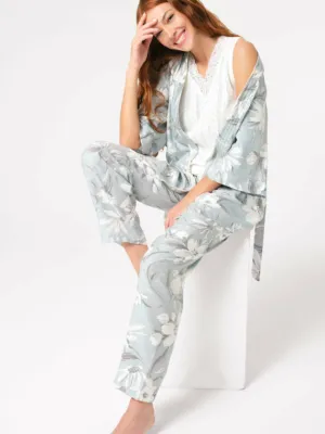 Anil Thick Strap V-Neck Cotton Flower Patterned Winter Knitted Normal Waist Tie Lace Detailed Pajama Set