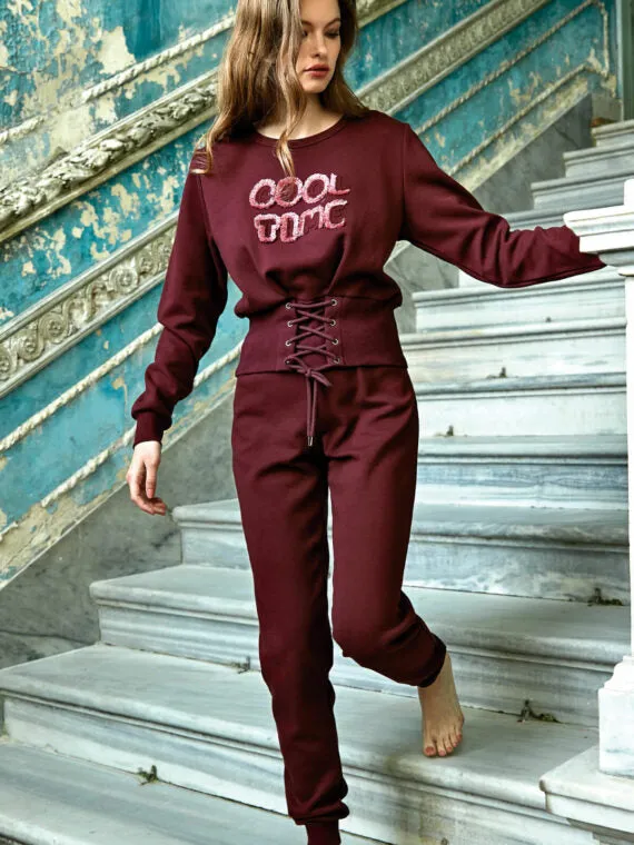 Anil Women’s Cotton Chest Embroidered Waist Detailed Long Sleeve Sweatshirt And Pants Pajama Set