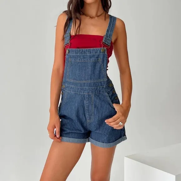 Authentic NWOT Princess Polly Kacey Overalls Mid Blue Pin Stripes