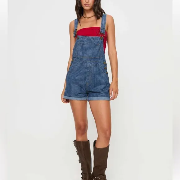 Authentic NWOT Princess Polly Kacey Overalls Mid Blue Pin Stripes