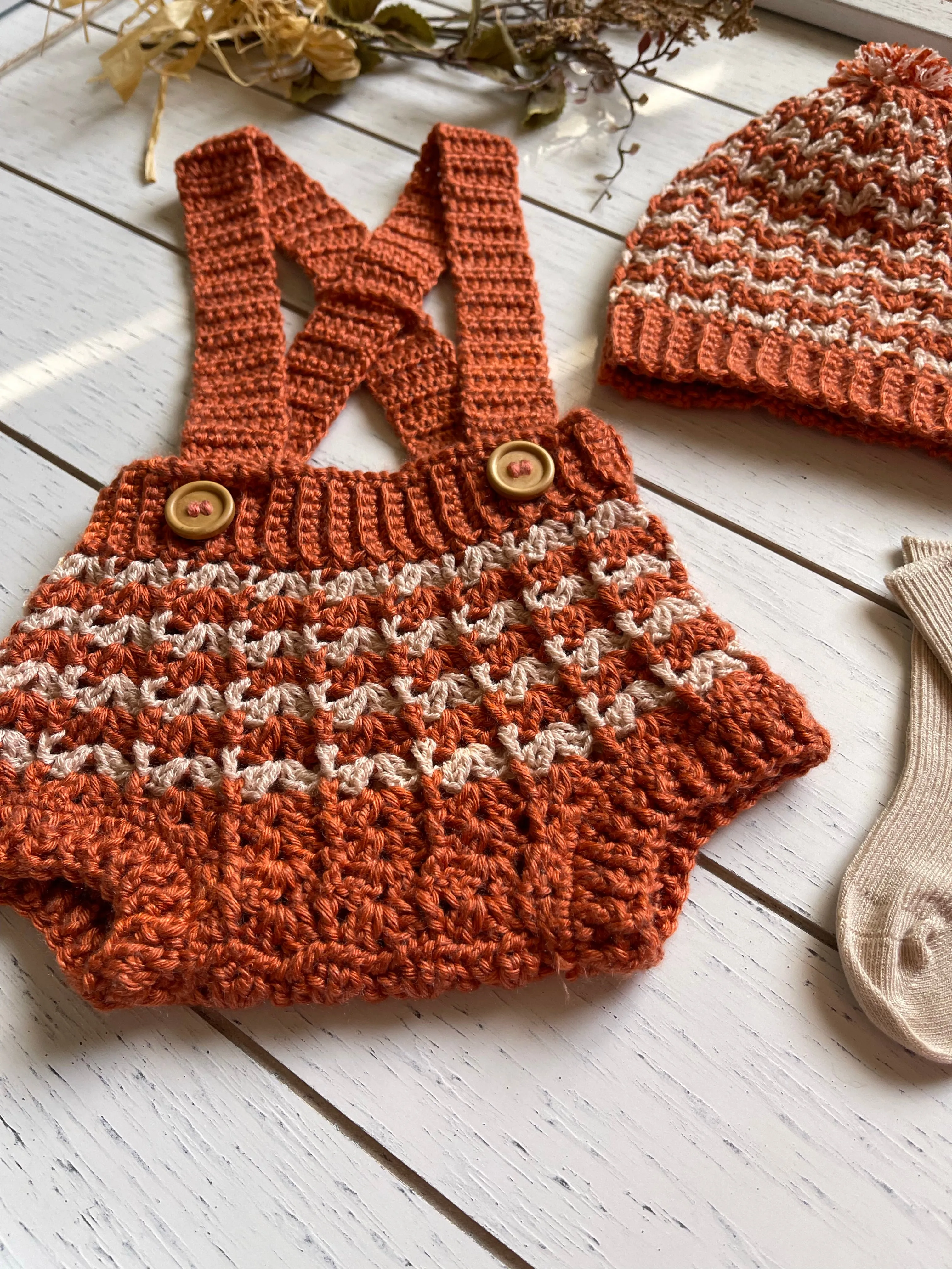 Autumn Striped Crochet Boy or Girl Overalls Outfit Set