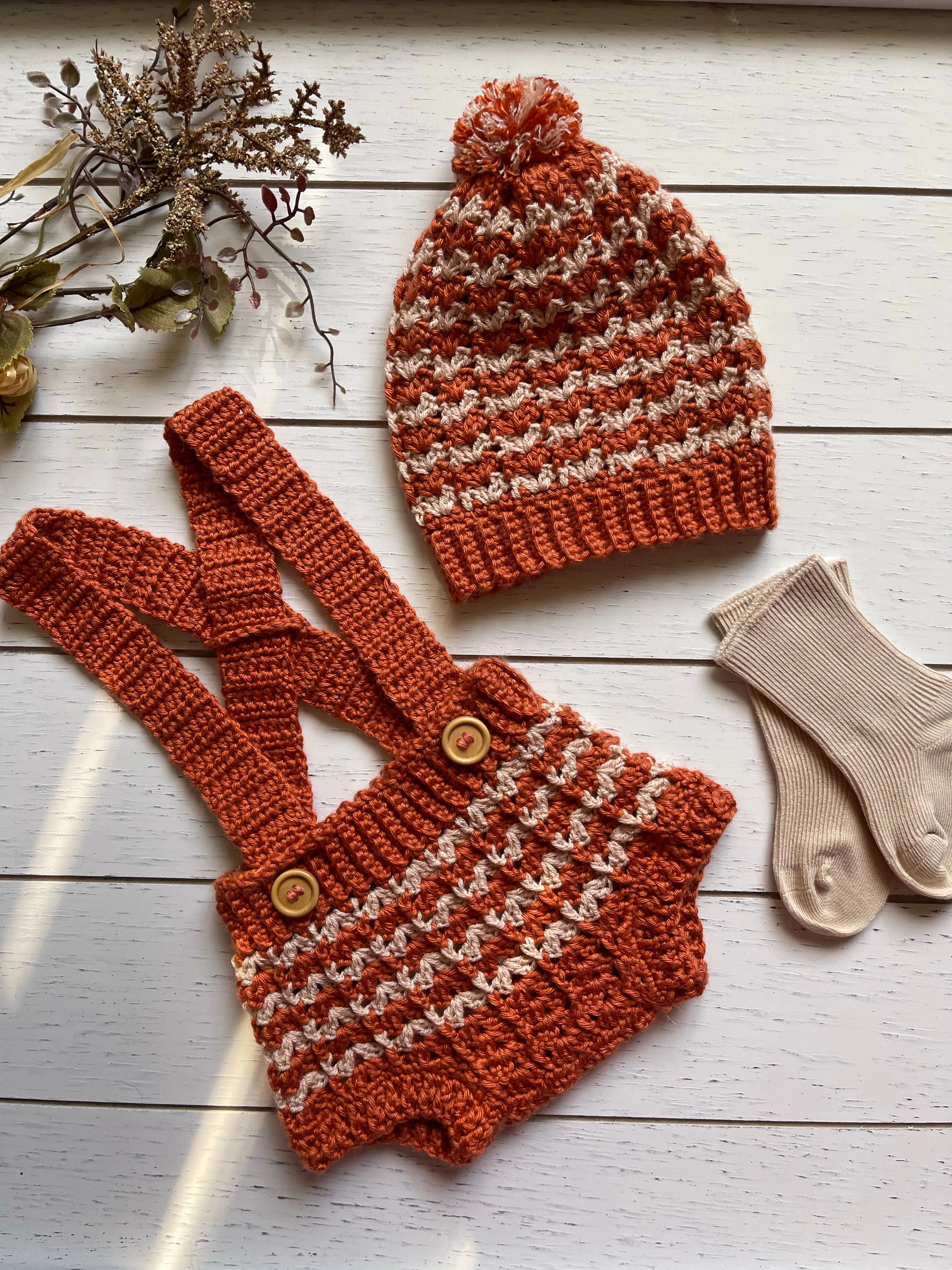 Autumn Striped Crochet Boy or Girl Overalls Outfit Set