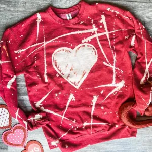 Bleached Heart Fleece Crew Sweatshirt in Valentine Red