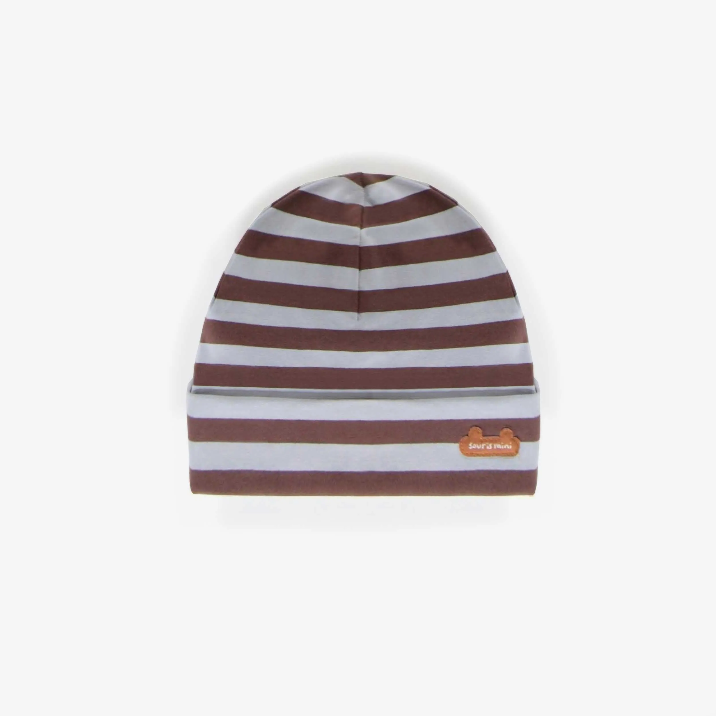 Bonnet brun et bleu à rayure en coton biologique, naissance || Blue and brown striped hat in organic cotton, newborn