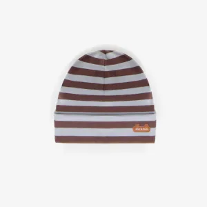 Bonnet brun et bleu à rayure en coton biologique, naissance || Blue and brown striped hat in organic cotton, newborn