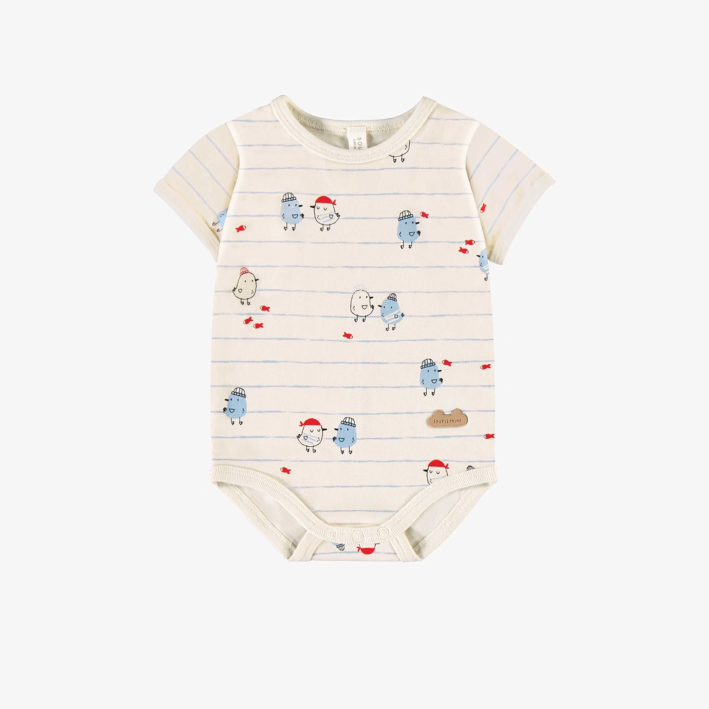 Cache-couche crème à rayures bleues et motifs, naissance || Cream bodysuit with blue stripes and all over print, newborn