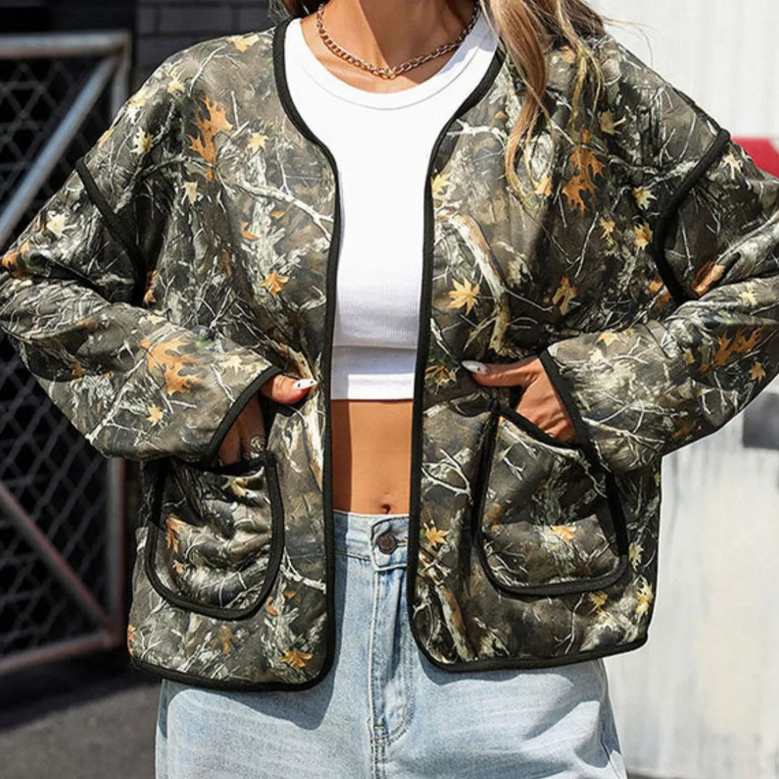 Camouflage Open Front Long Sleeve Jacket