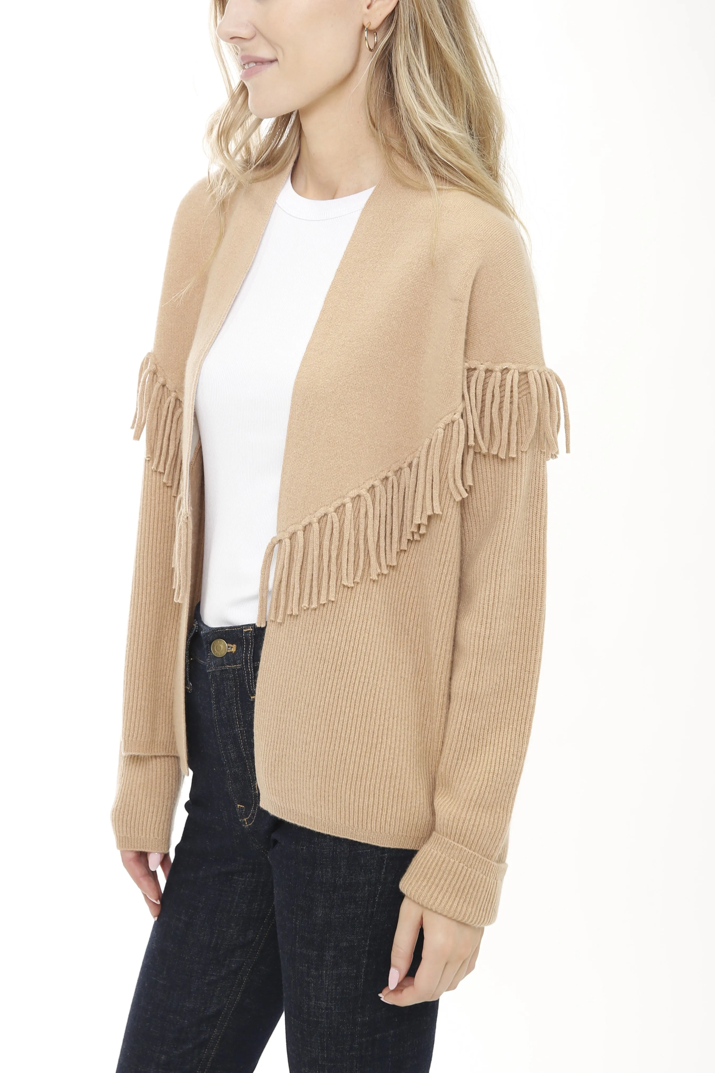 Cashmere Blend Open Cardigan with Fringe