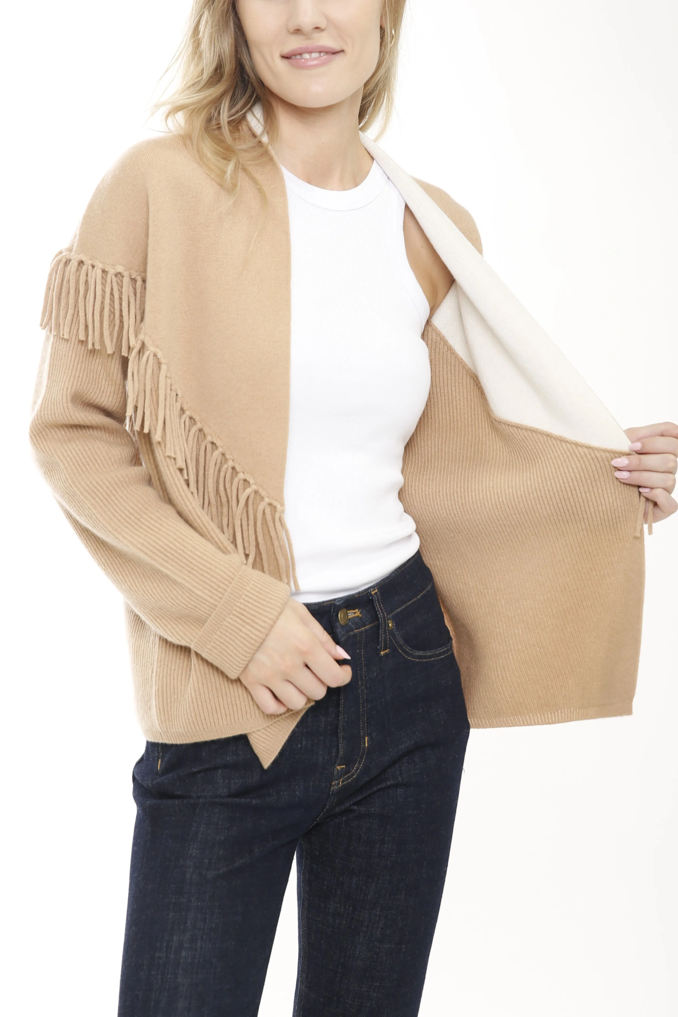Cashmere Blend Open Cardigan with Fringe