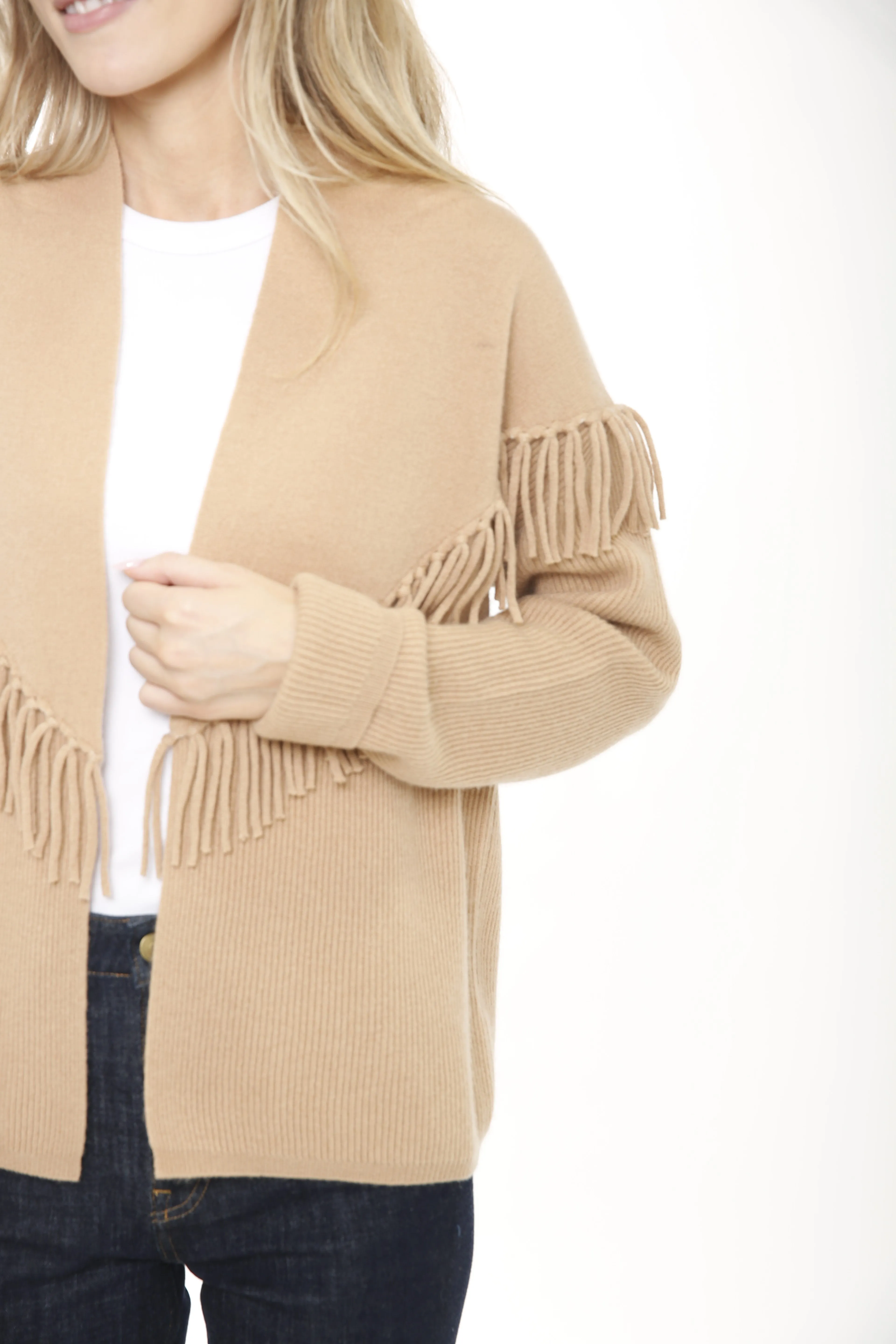 Cashmere Blend Open Cardigan with Fringe