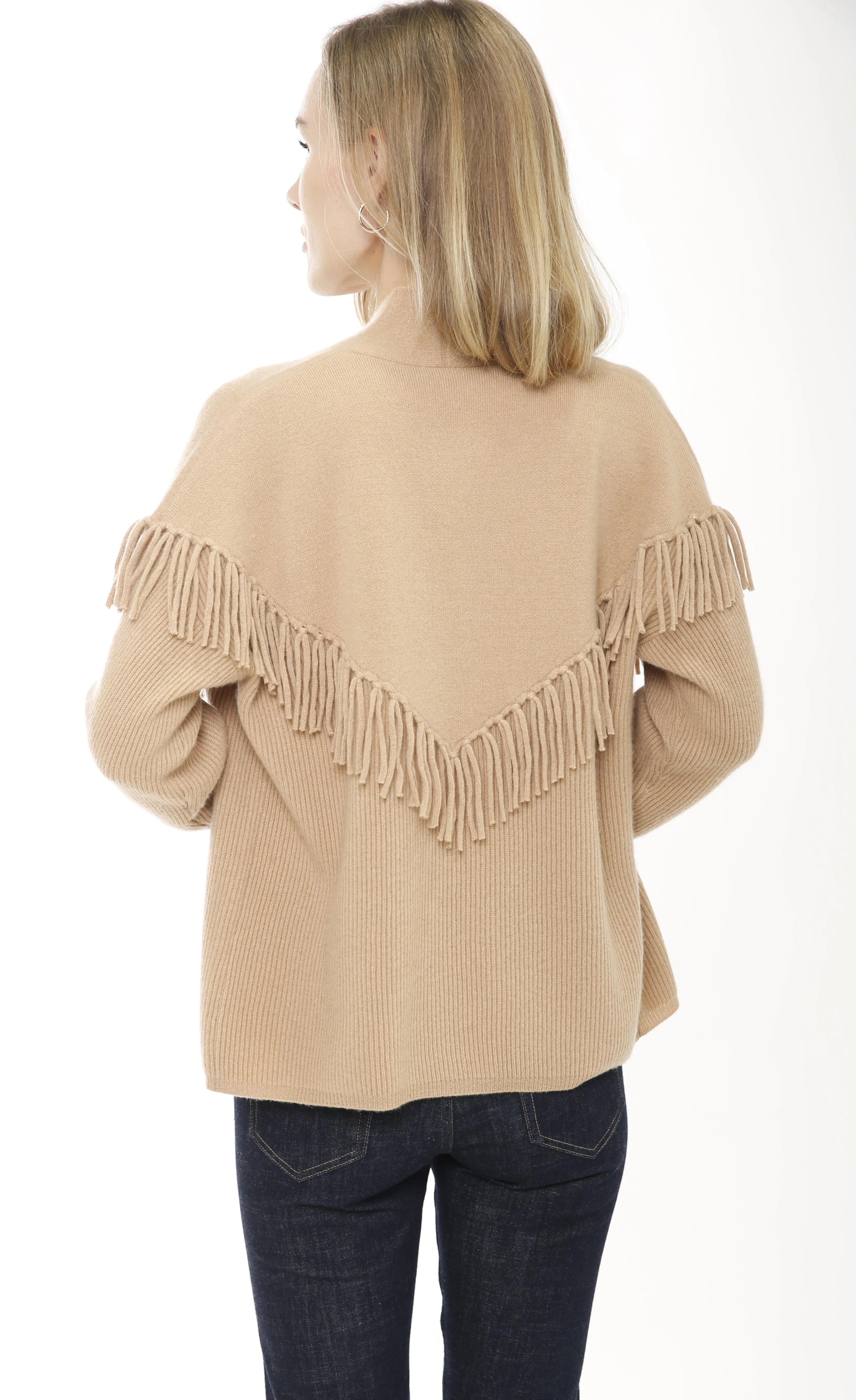 Cashmere Blend Open Cardigan with Fringe