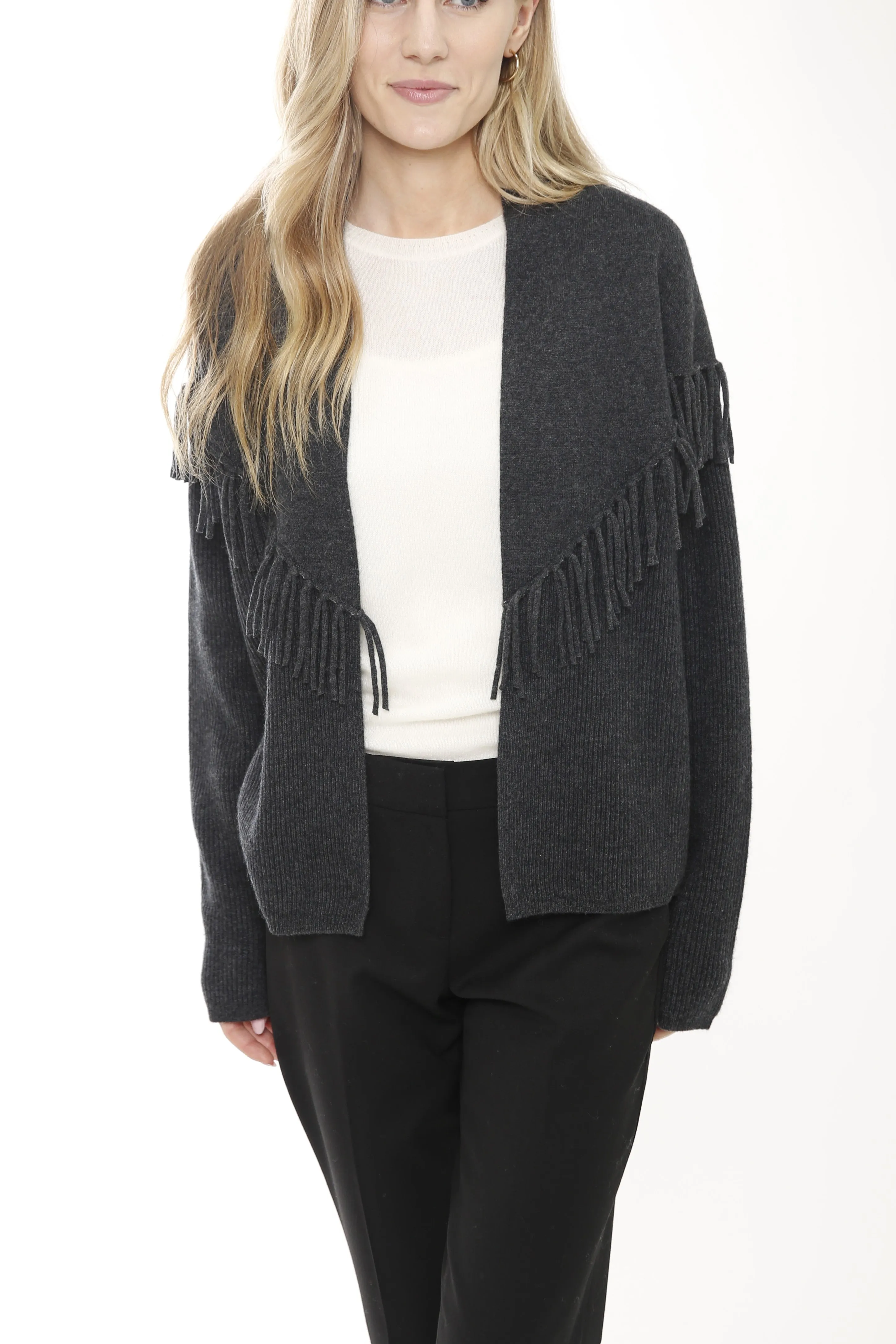 Cashmere Blend Open Cardigan with Fringe