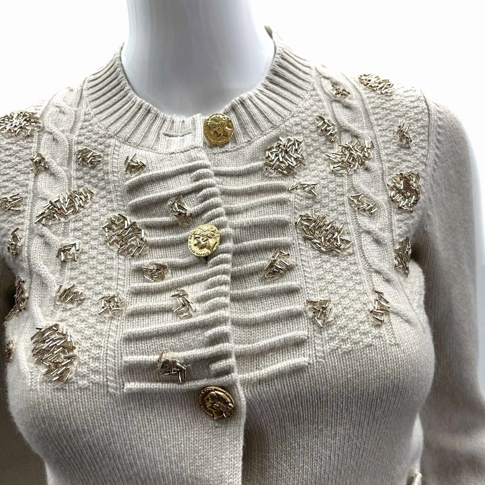 Chanel 16A Paris Rome Beaded Cardigan Sweater 34 US 2 Beige Pristine