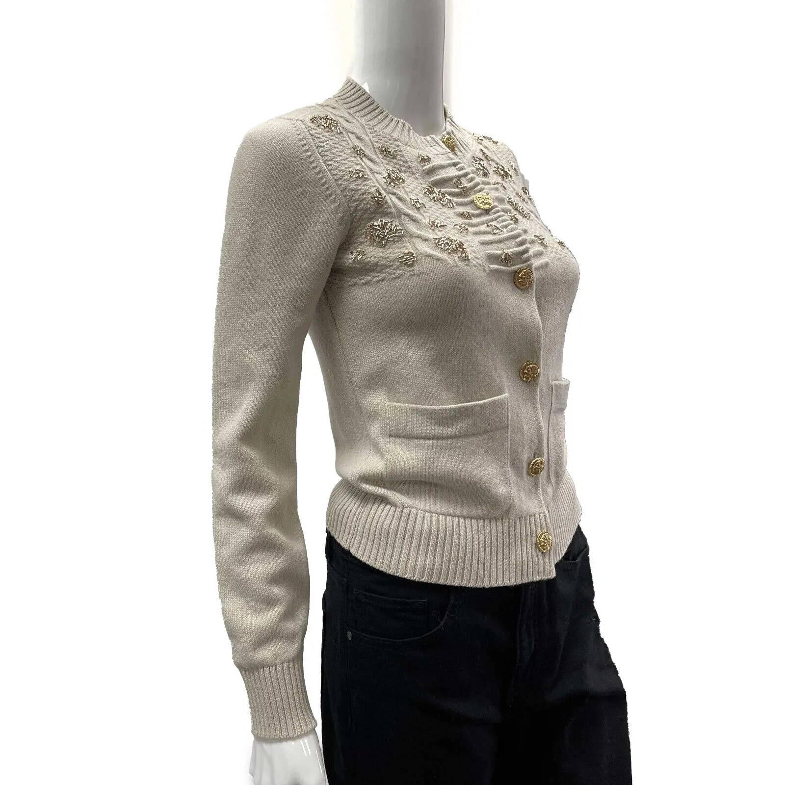 Chanel 16A Paris Rome Beaded Cardigan Sweater 34 US 2 Beige Pristine