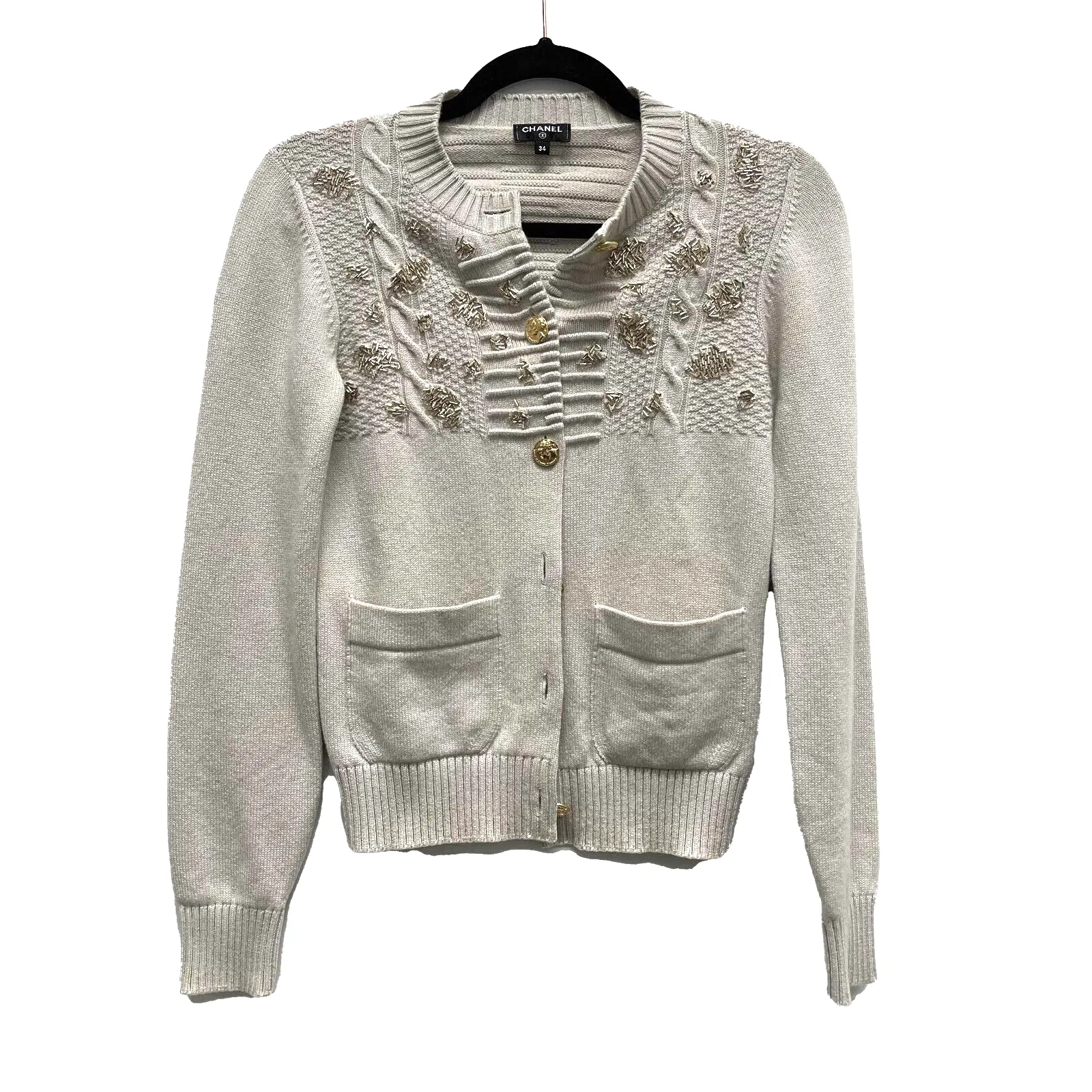 Chanel 16A Paris Rome Beaded Cardigan Sweater 34 US 2 Beige Pristine