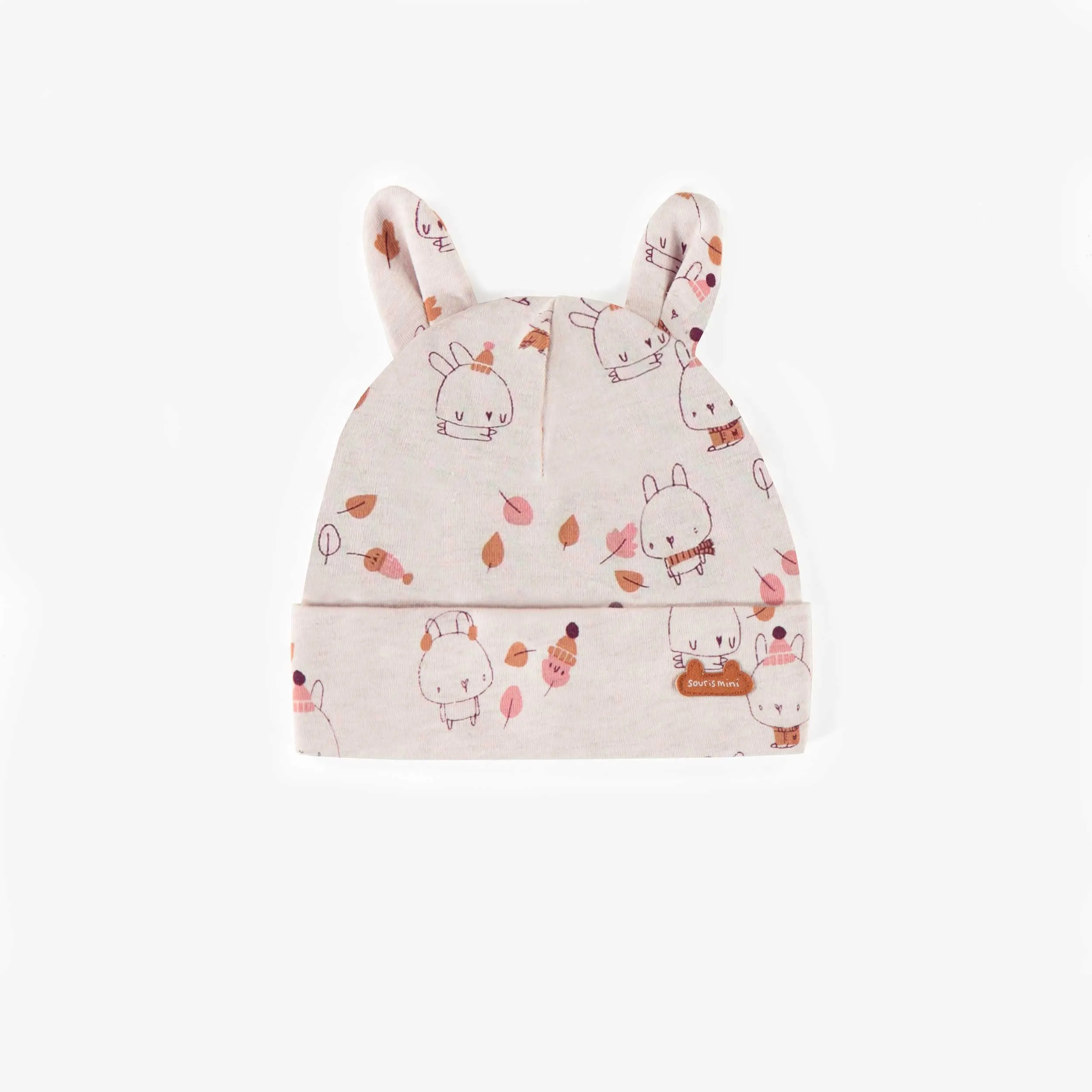 Chapeau rose à motifs en coton biologique, naissance || Pink patterned hat in organic cotton, newborn