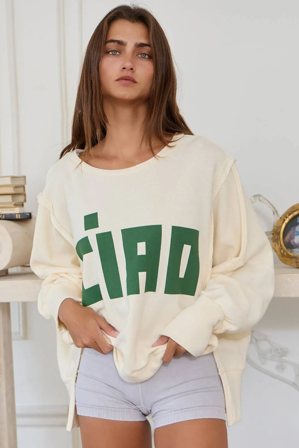 'CIAO' Raw Edge Detail Hi-Low Hem Crewneck