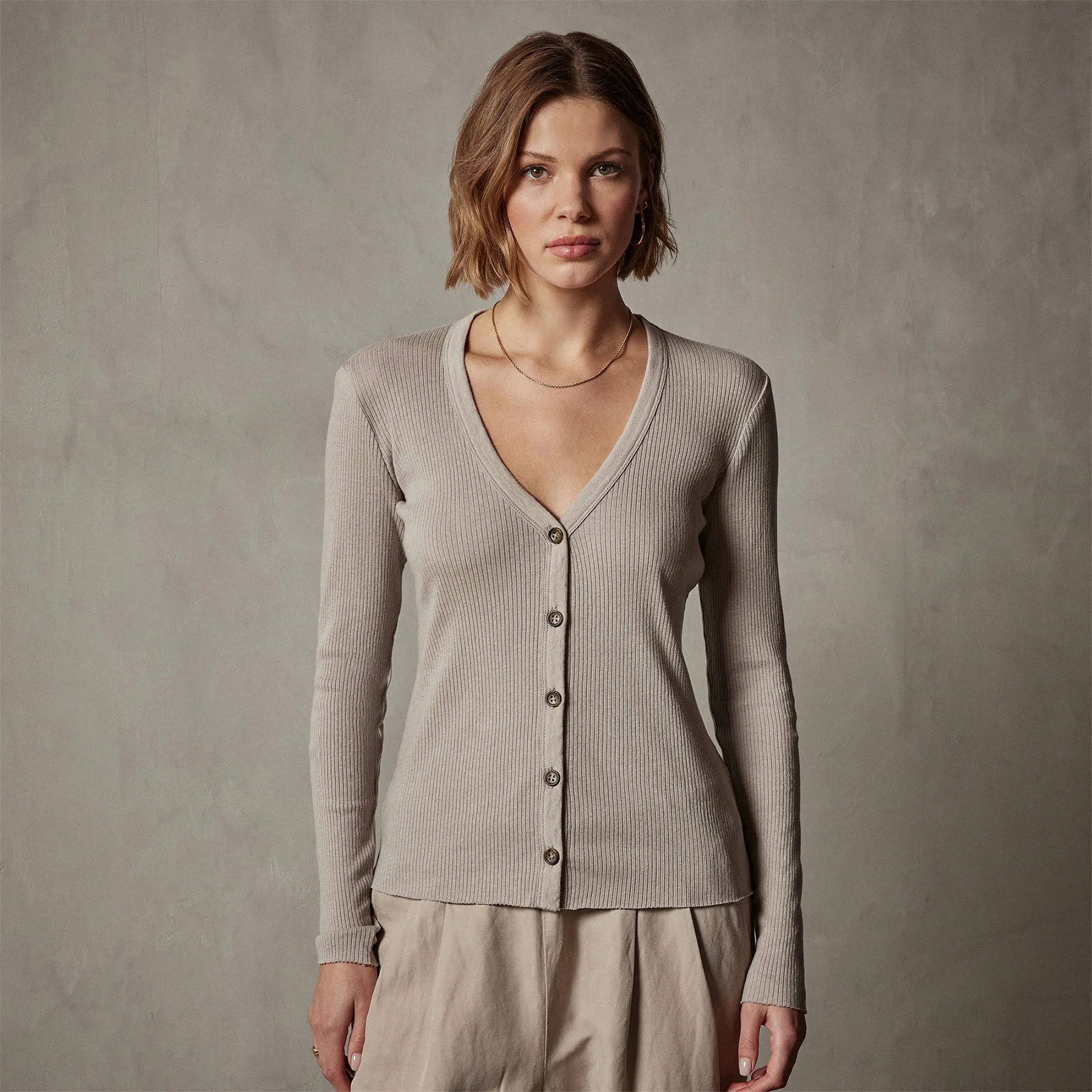 Cotton Cashmere Rib Cardigan - Toast