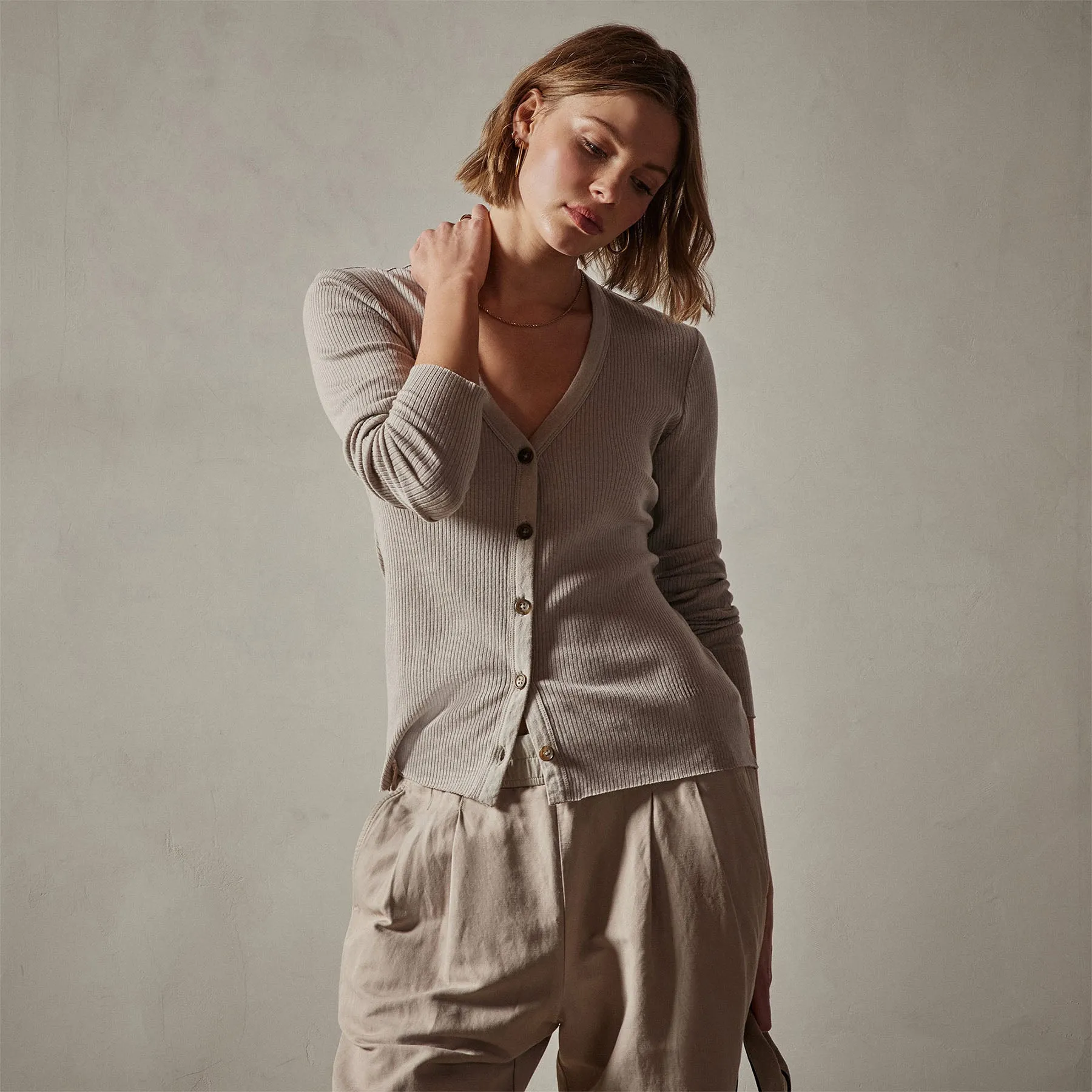 Cotton Cashmere Rib Cardigan - Toast