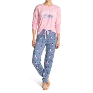 Cozy Zoe Womens Pink Blue Penguins Long Sleeve Pajamas 2 Pc Sets Sz S NWT