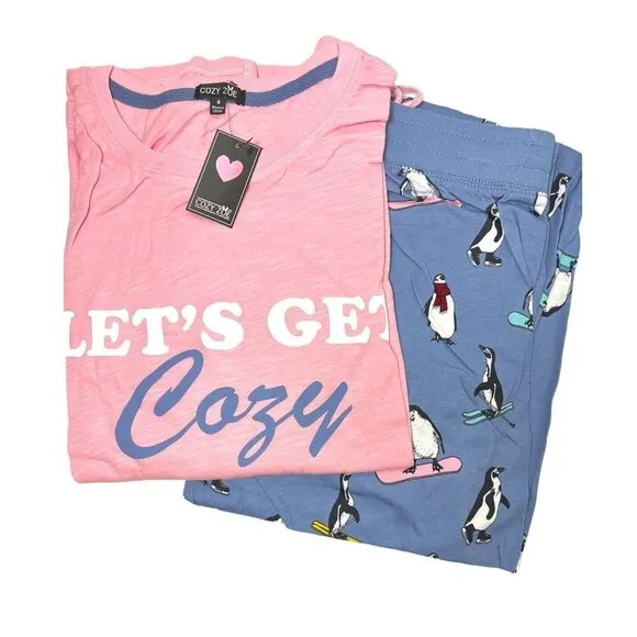 Cozy Zoe Womens Pink Blue Penguins Long Sleeve Pajamas 2 Pc Sets Sz S NWT