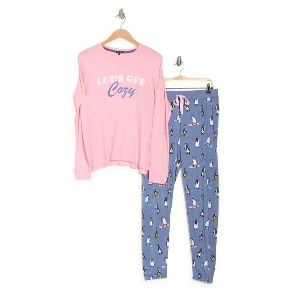 Cozy Zoe Womens Pink Blue Penguins Long Sleeve Pajamas 2 Pc Sets Sz S NWT