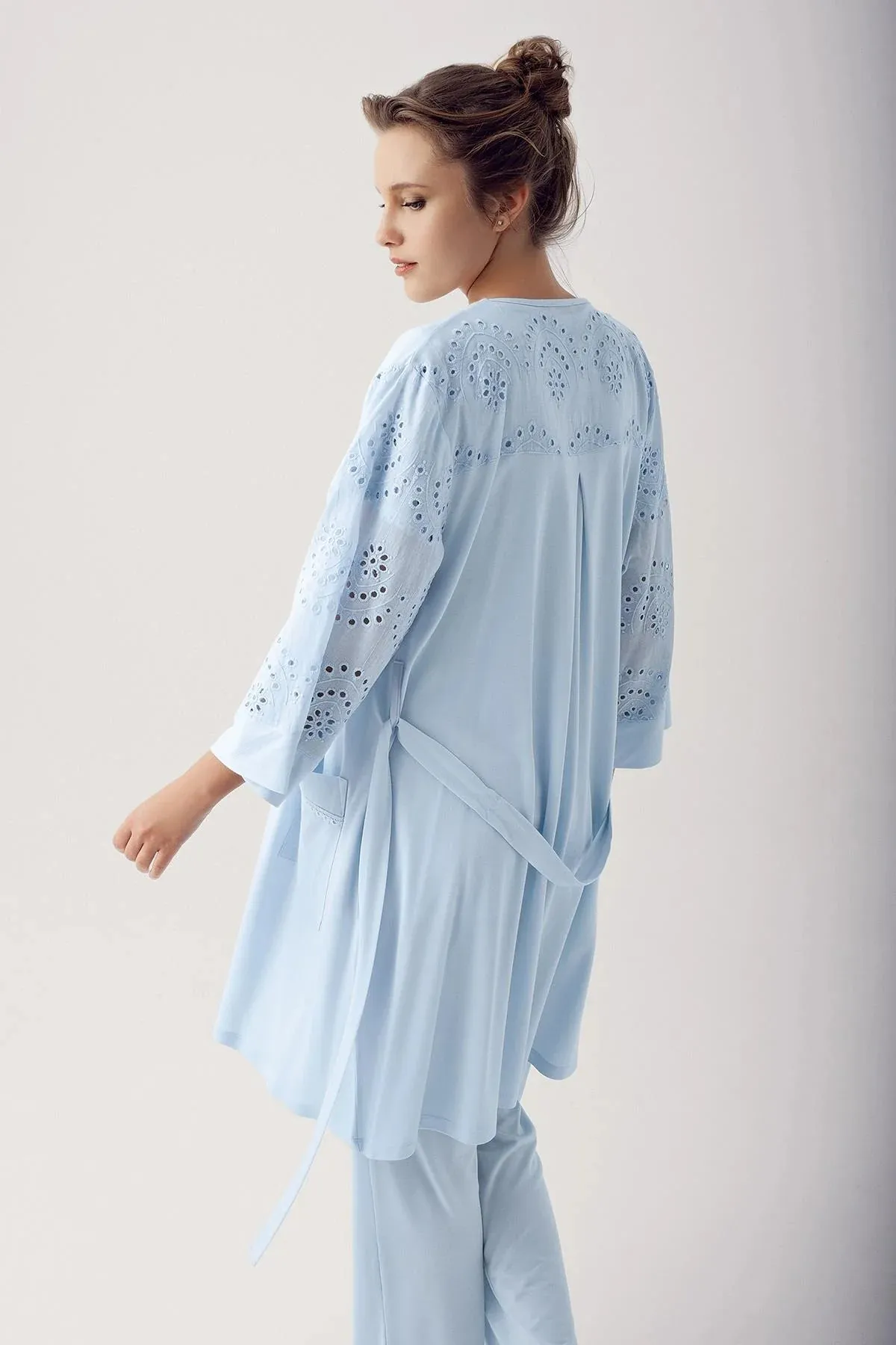 Dantelli Cotton 3 pcs Maternity Robe Pajamas Set- blue
