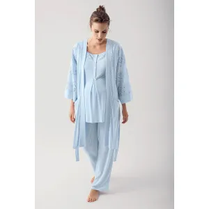 Dantelli Cotton 3 pcs Maternity Robe Pajamas Set- blue