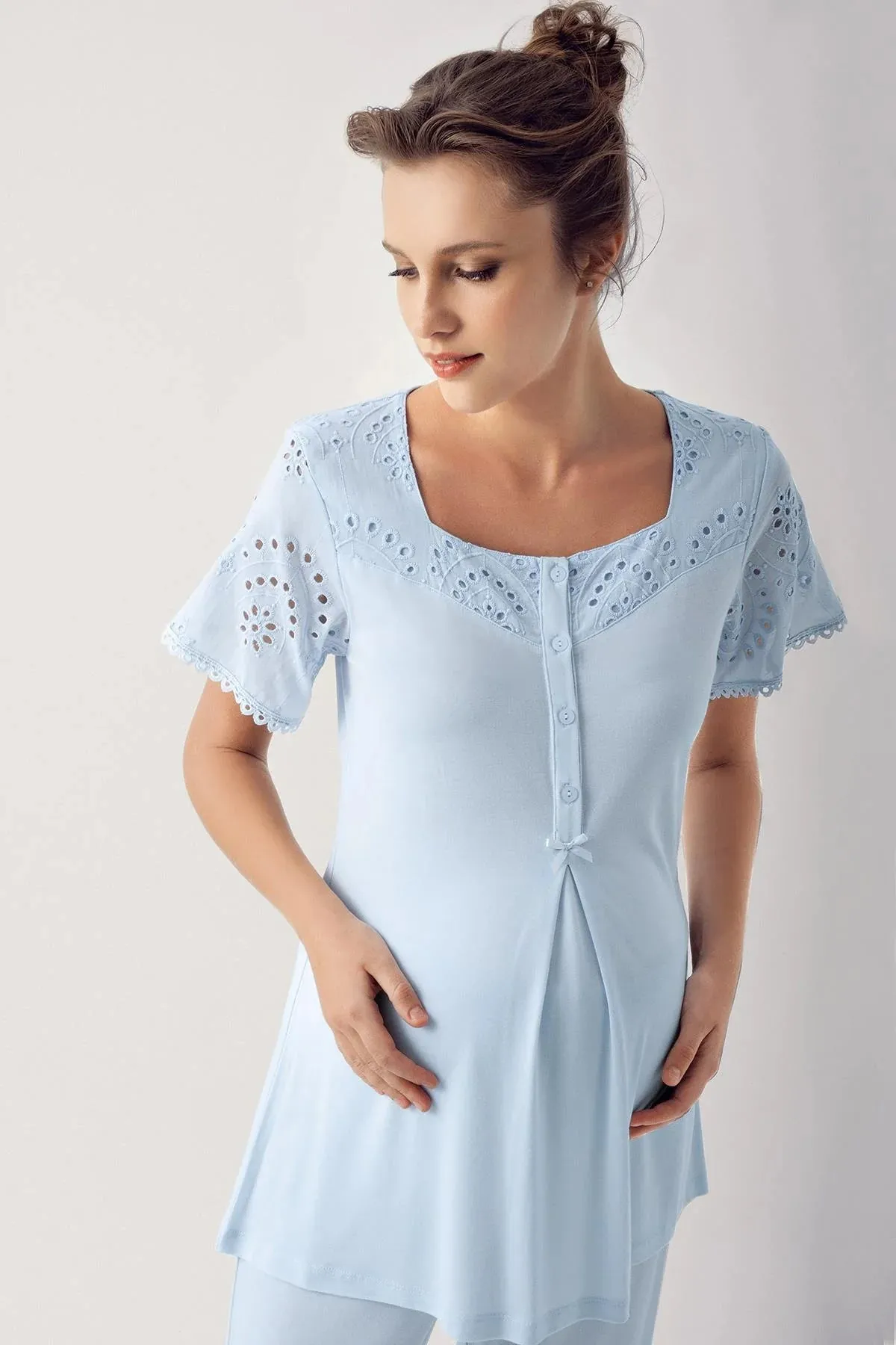 Dantelli Cotton 3 pcs Maternity Robe Pajamas Set- blue