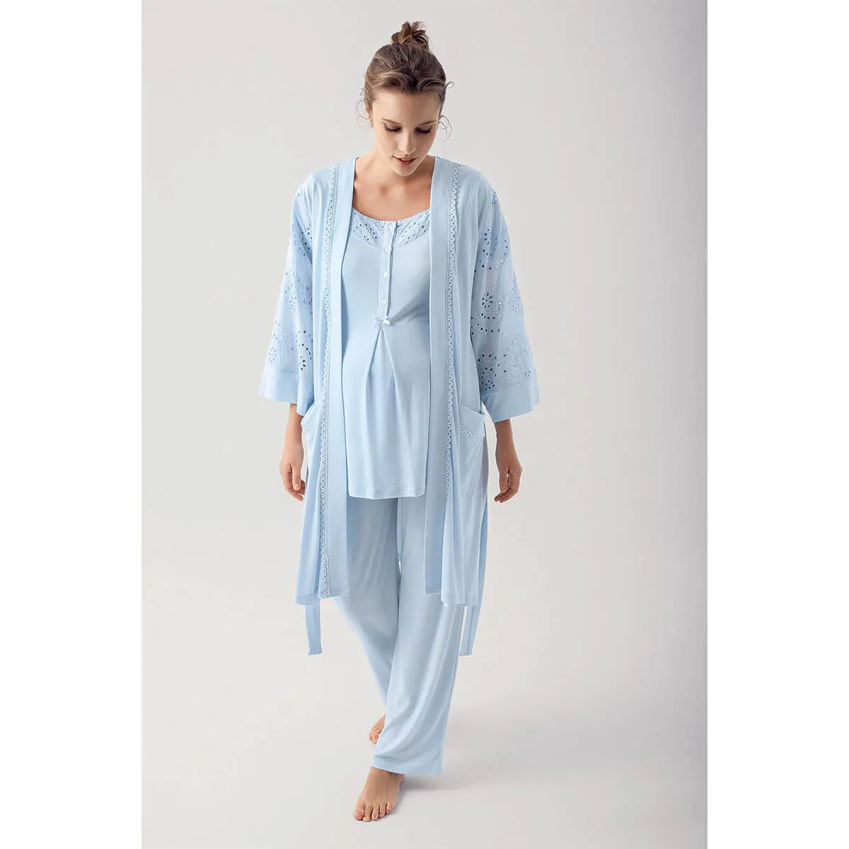 Dantelli Cotton 3 pcs Maternity Robe Pajamas Set- blue