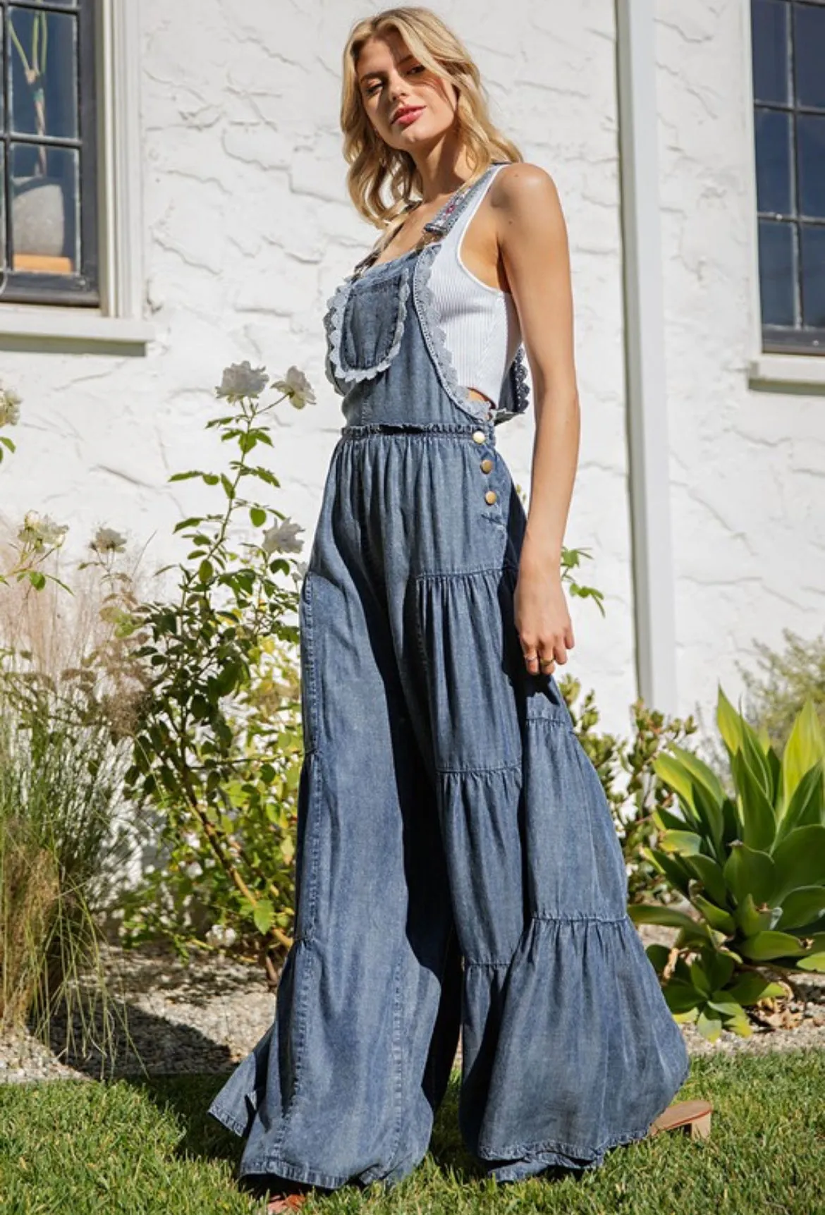 Denim Lace Trim Overalls