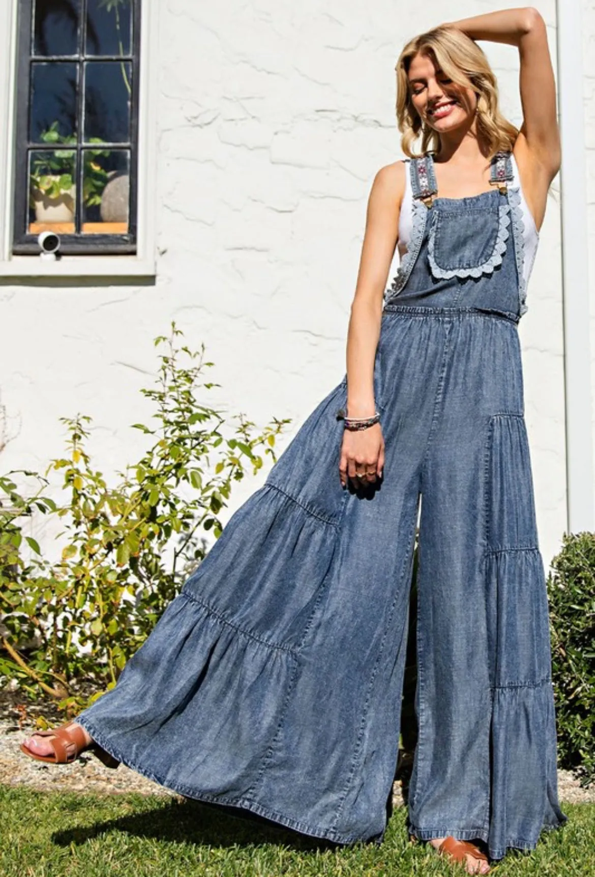 Denim Lace Trim Overalls