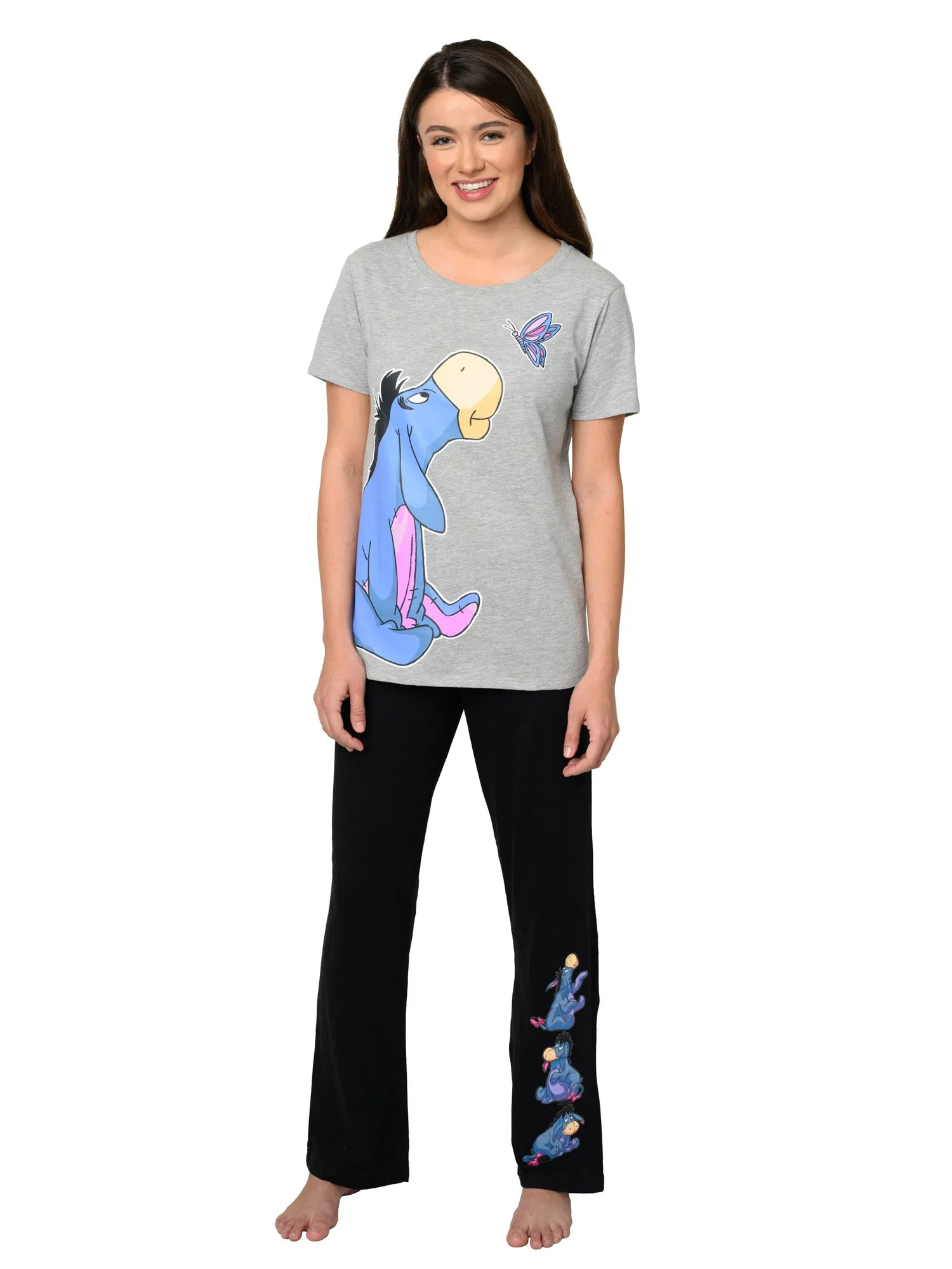 Disney Eeyore Butterfly T-Shirt Gray & Black Pajama Pants Loungewear Womens Set