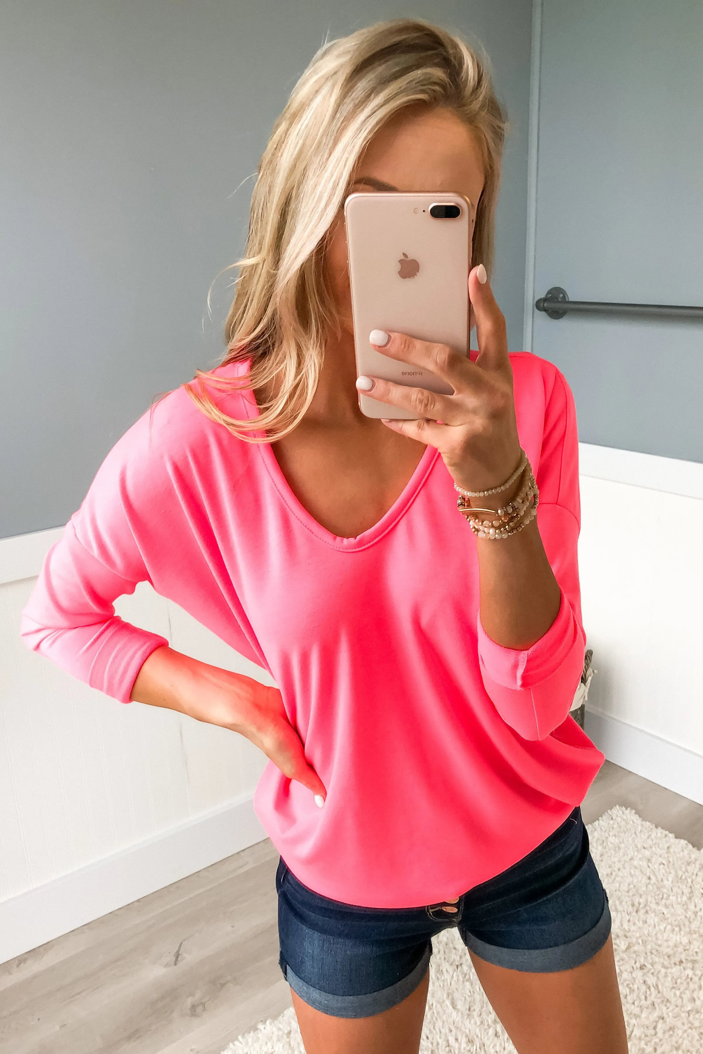 Dolman Sleeve Solid Lounge Top- Neon Pink