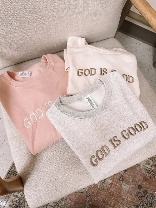 Embroidered God Is Good Cream Sweatshirt