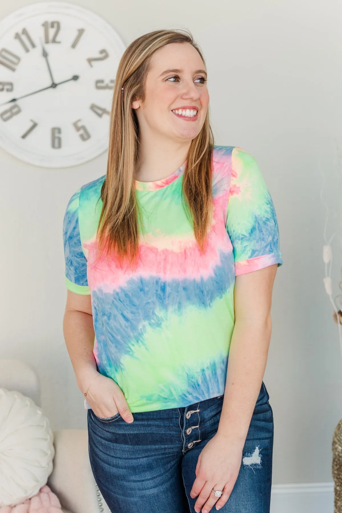 Enjoy The Little Things Tie Dye Top- Neon Yellow, Pink, & Blue