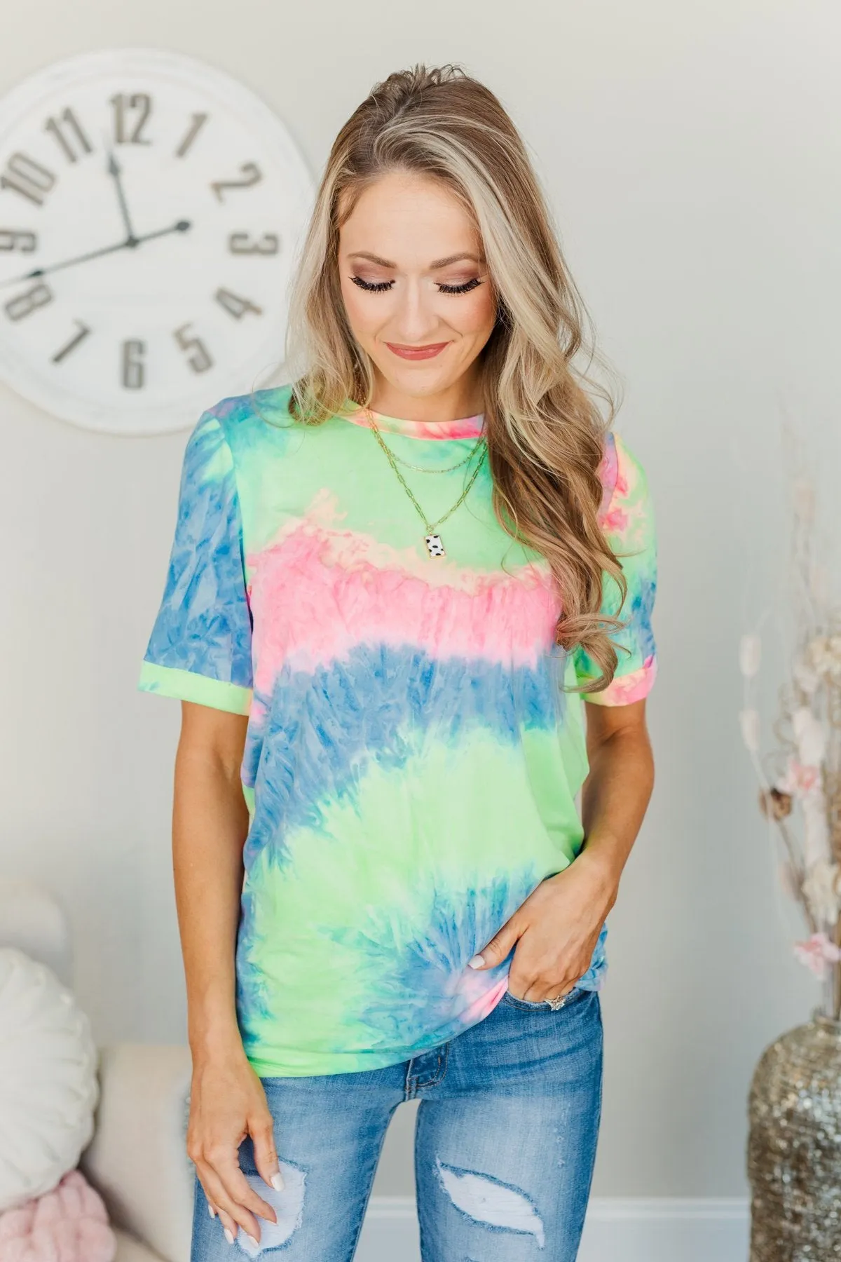 Enjoy The Little Things Tie Dye Top- Neon Yellow, Pink, & Blue